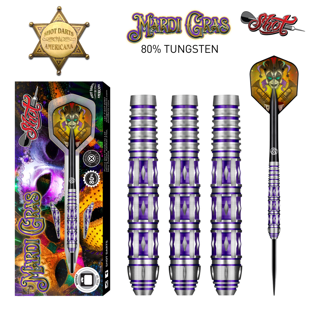 Shot Mardi Gras Steel Tip Darts Set-80% Tungsten